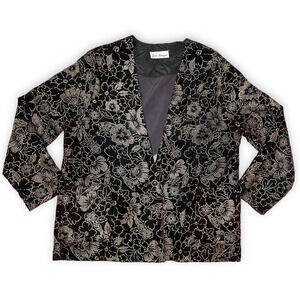🍀 Jeri Marque Women's Black Wine Gold Embellished Floral Evening Blazer XL READ